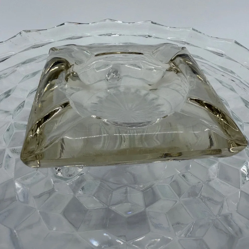 Vintage Clear Glass Ashtray Square Heavy Mid-Century Modern‎ Heavy Glass Vintage